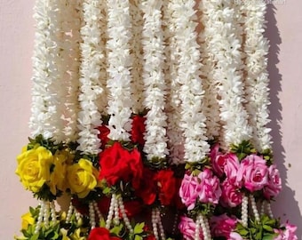 Cloth Gajra Garlands/Fabric Jasmine Garlands with Red, Yellow, Pink Rose ,Door Hanging, Reusable Indian Garlands, Dia de los Meurtos Decor