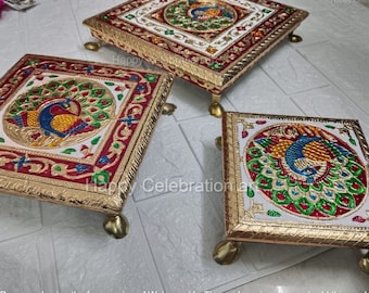 Elegante juego de bajot de madera, soporte para ídolo de dios, decoración de mandir, mesa de boda hindú, puja chowki indio, regalo con envío gratuito.