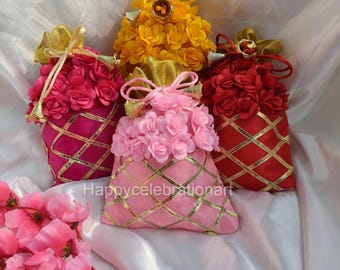 Handmade Rose Floral Potli Bag for Wedding Favor,Desi Mithai/ Bhaji/Ladoo Bag, Mehndi Haldi Drawstring Shagun Pouch | Nuts Festive Packaging