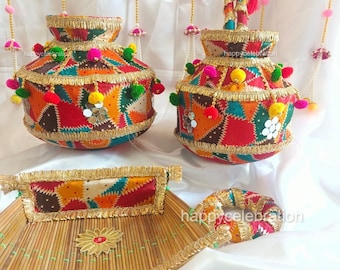 Conjunto de decoración tradicional Punjabi Jaggo Phulkari (Chaaj,Daand y Kalash de acero) para ceremonia Jaggo, Haldi, decoración ritual de boda Mehndi