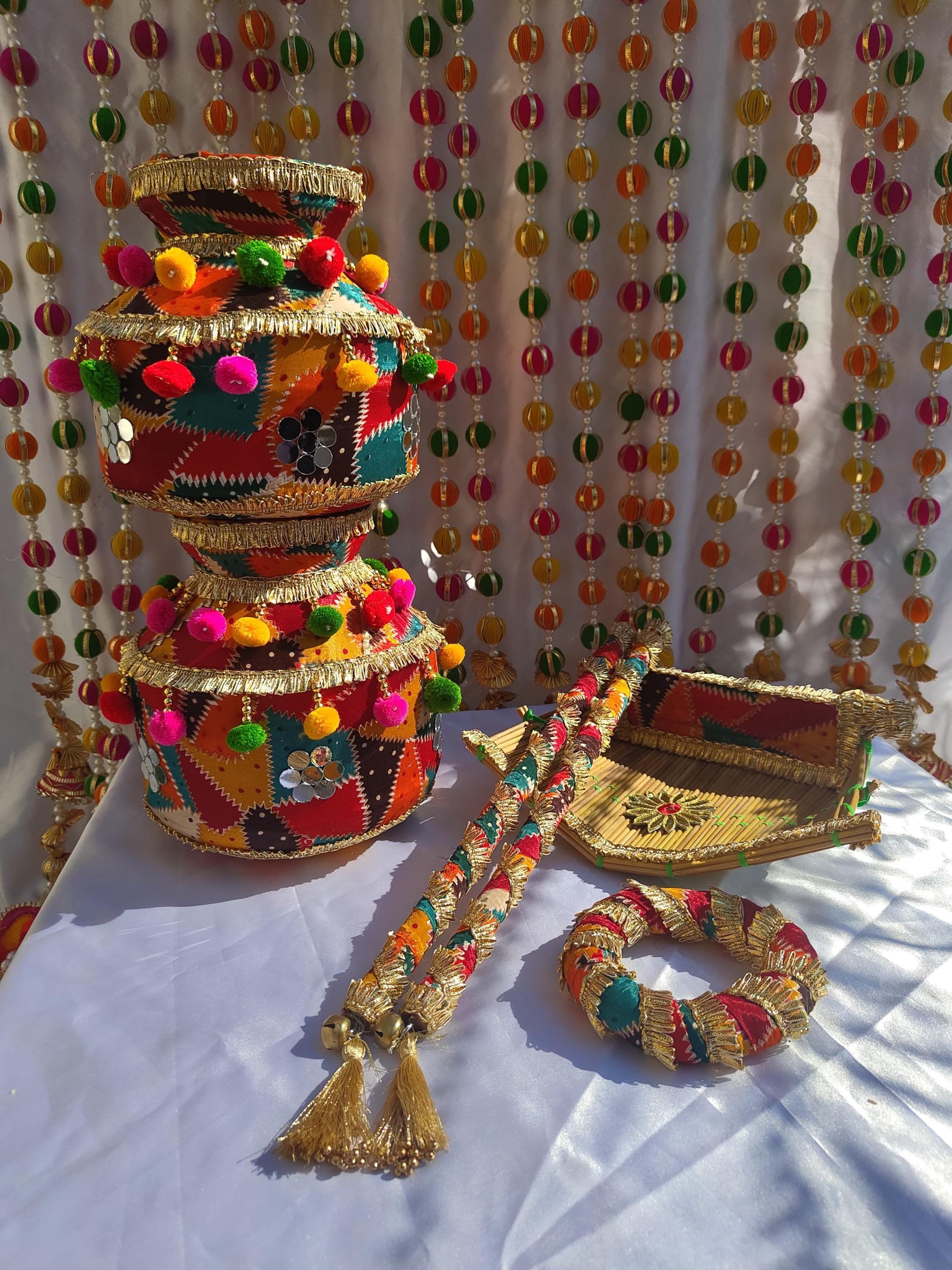Phulkari Jaggo Set ,Jaggo Night,Ghdoli For Sangeet Pakistani And Sikh,Wedding Essentials Jaago with Danda, Jaggo, Chaj with Sticks