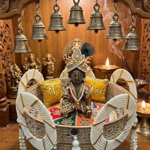 Decorative Krishna Sinhasan for Janmashtami - God Aasan with Shubh Laabh Pillows - Diwali Mandir Decor - Indian Spiritual Housewarming Gift