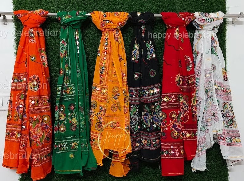 Phulkari Indian Traditional Festival Wear Cotton Dupatta with Handmade Mirror Work Embroidery - Perfect for Weddings and Special Occasions image 2