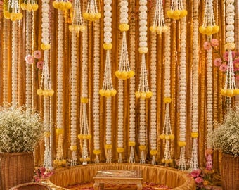 White, Yellow Marigold Flower Garland with Tube Rose Bunch Hangings: Perfect for Indian Weddings, Temples,Stages, Diwali,Mehendi Haldi Decor