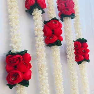 White/Off White Mogra & Red Ranunculus Flower Garland - Indian Wedding Decor, Floral Backdrop, Party Wall Decor, Event Decoration String