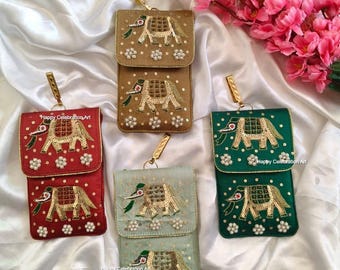 Cross body Phone Bag with Gota Zari Hand Embroidery Elephant Mobile Pouch for Women,Pouch With Waist Clip Hook & Detachable Golden Chain
