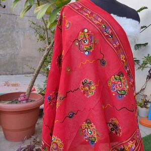 Phulkari Indian Traditional Festival Wear Cotton Dupatta with Handmade Mirror Work Embroidery - Perfect for Weddings and Special Occasions image 3