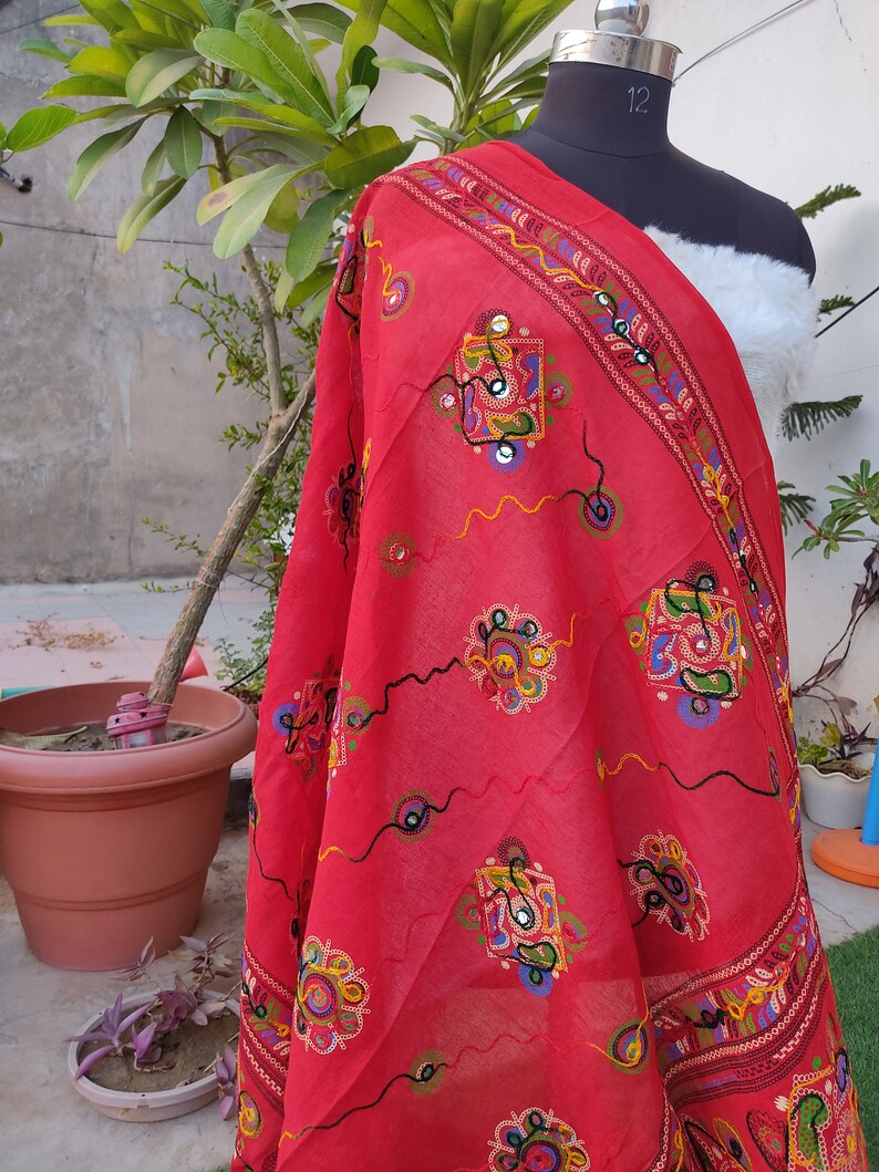 Phulkari Indian Traditional Festival Wear Cotton Dupatta with Handmade Mirror Work Embroidery - Perfect for Weddings and Special Occasions image 3