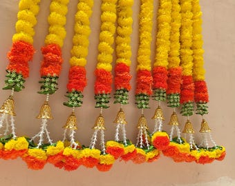 Artificial Marigold Flower Garland with Lily Hangings | Indian Wedding Decor | Diwali Haldi Decoration | Temple & Stage Backdrop