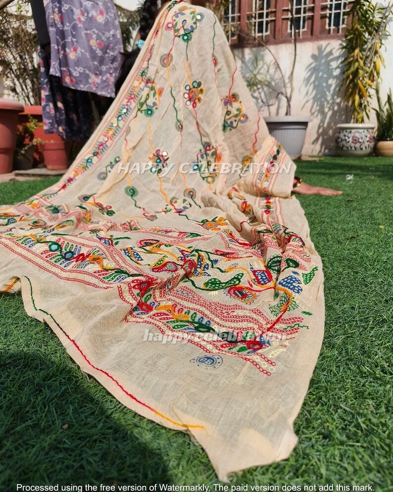 Phulkari Indian Traditional Festival Wear Cotton Dupatta with Handmade Mirror Work Embroidery - Perfect for Weddings and Special Occasions image 5