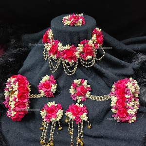 Handmade Floral Bridal Jewelry Full Set ( Necklace, Earrings, Hathphool & Maang Tikka)  Yellow/Pink   Mehndi Jewelry,Mayoon Function Gift
