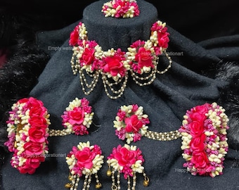 Handmade Floral Bridal Jewelry Full Set ( Necklace, Earrings, Hathphool & Maang Tikka)  Yellow/Pink   Mehndi Jewelry,Mayoon Function Gift