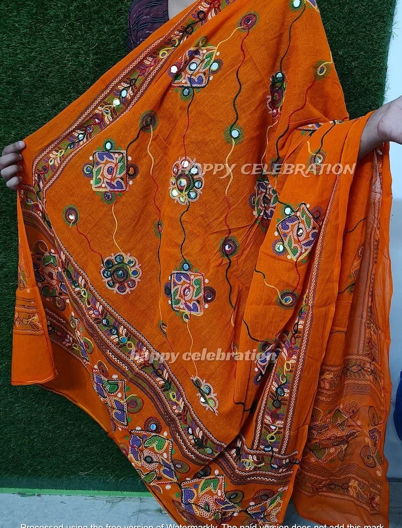 Phulkari Indian Traditional Festival Wear Cotton Dupatta with Handmade Mirror Work Embroidery - Perfect for Weddings and Special Occasions image 6