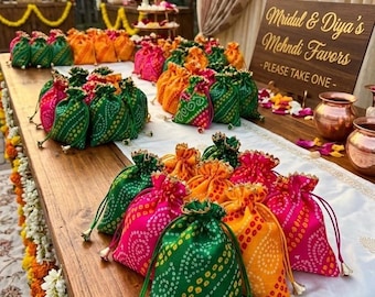 Bolsa de tela Rajasthani Bandhej-Bandhani Potli para regalo de regreso, bolsa de favor de boda india, bolsas de regalo con cordón, favor de bienvenida a la casa de dama de honor