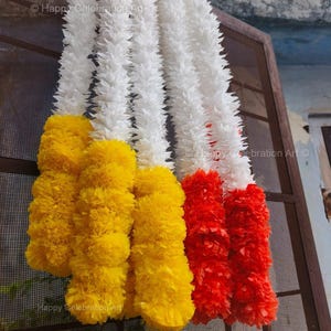 Jasmine With Marigold Garland, Yellow Orange White Fluffy Phool Mala, Indian Wedding Toran, Diwali Pooja Home Decor, Door Hanging Flowers