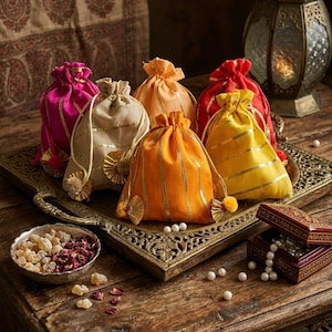 Può includere: Un assortimento di sacchetti colorati con coulisse nei toni del rosa, beige, arancione, rosso e giallo, impreziositi da dettagli dorati e nappe. I sacchetti sono disposti su un vassoio decorativo, insieme a una piccola ciotola di pot-pourri e un portagioie.