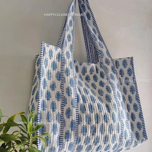 Milieuvriendelijke grote katoenen gewatteerde unisex draagtas Perfect voor stranddag en winkeluitjes Jhola-schoudertas met blokprint en gratis verzending