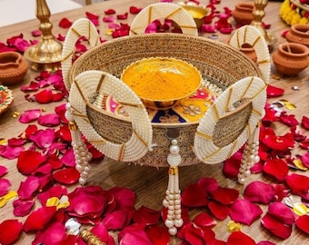 Decorative Haldi Mehendi Platter, Wedding Rituals Decor Tray with Bowl, Applicator Gota Patchwork Thali for Maiyan, Pithi & Sangeet Ceremony