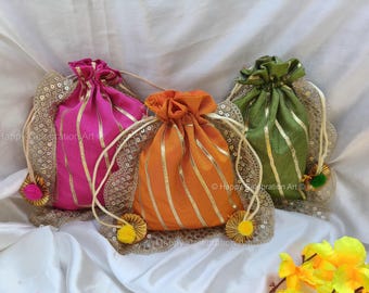 Sequins Lace  Leheriya Potli Bags for Return Gifts Bags ,Silk Jewelry Pouches for Mehndi, Sweets, Dry Fruits, Bhaji, Parties & Festivals