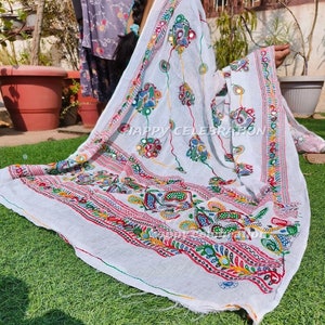 Phulkari Indian Traditional Festival Wear Cotton Dupatta with Handmade Mirror Work Embroidery - Perfect for Weddings and Special Occasions image 7