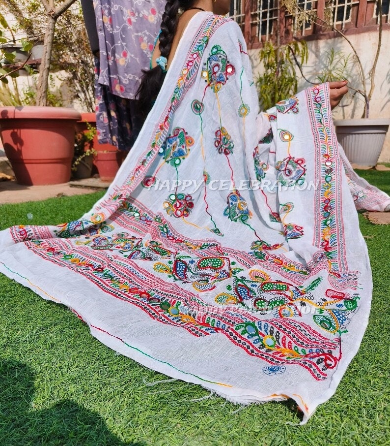 Phulkari Indian Traditional Festival Wear Cotton Dupatta with Handmade Mirror Work Embroidery - Perfect for Weddings and Special Occasions image 7