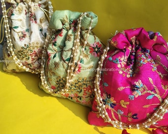 Handmade Embroidered Silk Potli Bag: Indian Wedding Favor Pouch