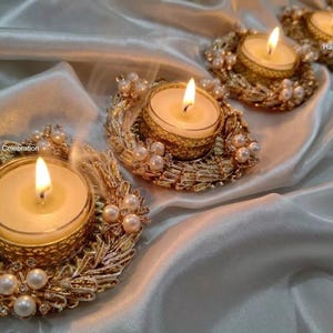 Luxury Pearl & Gold Tealight Holders , Festive Rangoli Decor, Wedding Return Gifts, Diwali Decor, Housewarming Favors, Night Party Decor