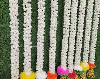 4 Feet Mogra Jasmine Garland with Marigold, Leaves & Bells