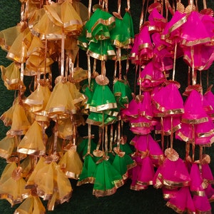 Haldi, Mehndi Colorful Net Fabric Tassel with Gota Lace Flowers - Indian Garden Decoration, Housewarming Party Decor, Boho Flower Strings