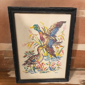 Vintage Framed Mallard Cross Stitched/ Waterfowl/ 1940&#39;s