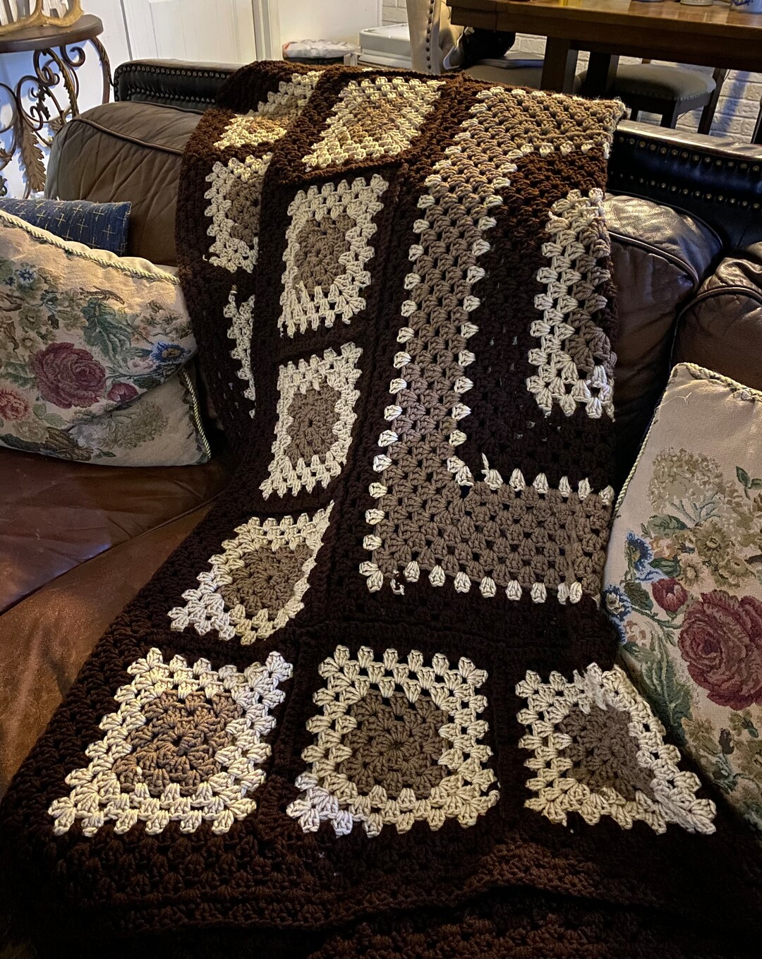 Vintage Afghan Blanket/ Granny Square/ Cream and Brown/ Etsy