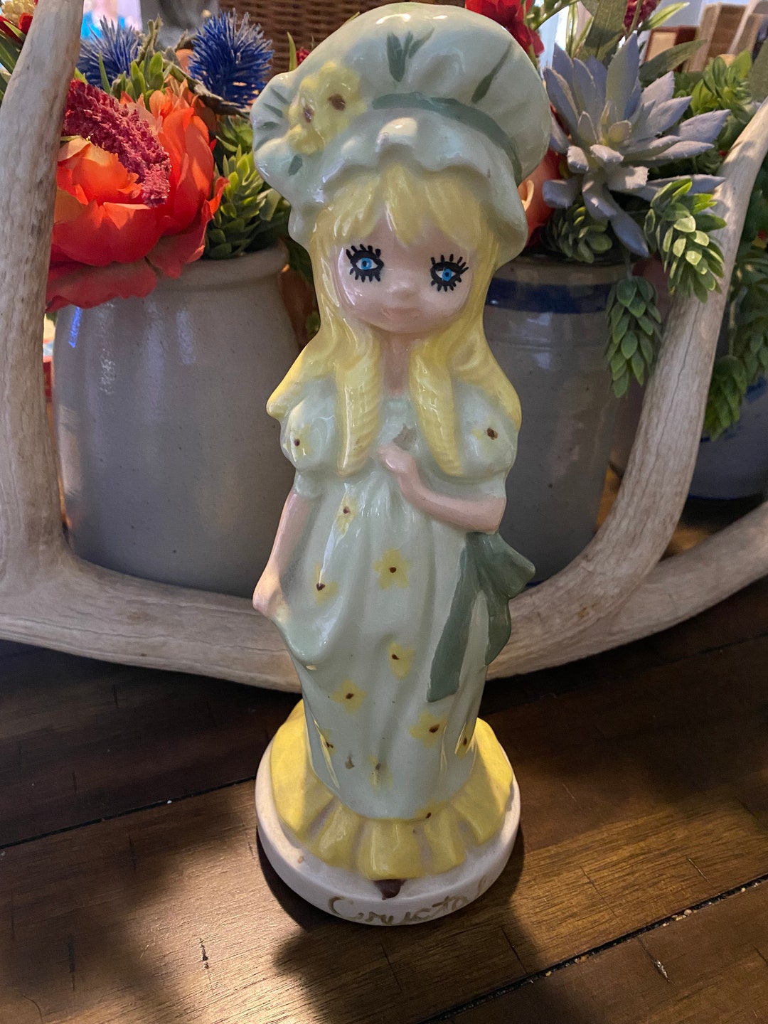 Vintage Ceramic Doll Figurine/ Girl/ Yellow Daisy/ Etsy