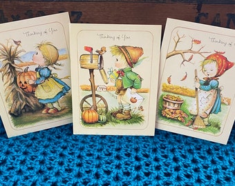 3 Vintage Thinking of you Cards / Fall / Good Samaritans / Red Bonnet little girl / Mailbox boy/ Pumpkin little girl / 1980's