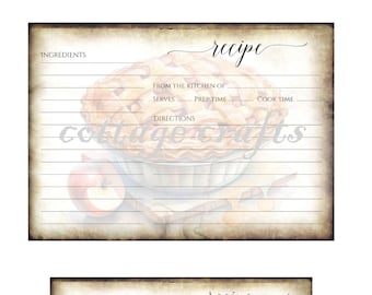 May include: A printable recipe card with a vintage aesthetic. The card features a watercolor illustration of an apple pie and apples. The card has lines for writing down ingredients, directions, prep time, cook time, and from the kitchen of.