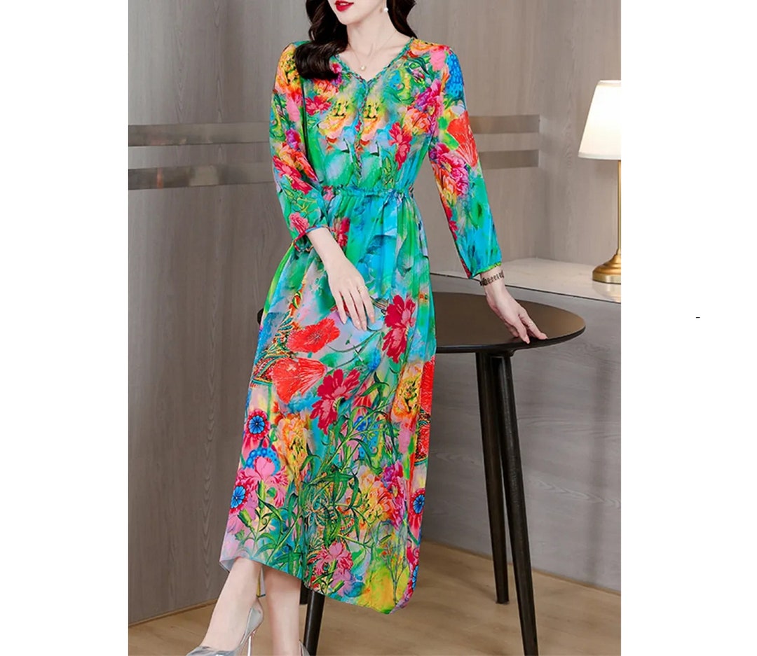 Vintage Inspired Flower Silk Dress Floral Printed Chiffon Etsy