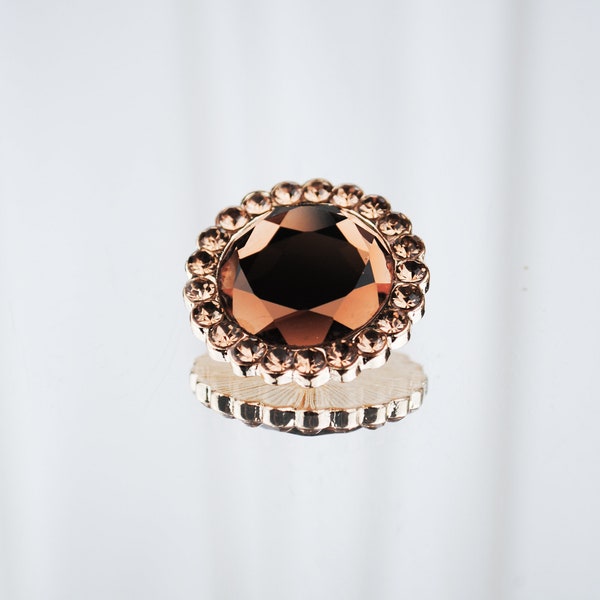 Brown Round Cut Rhinestone Button with Tiny Rhinestone Rim on Golden Steel Base (25mm) - Price for 2 buttons!!!