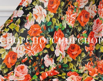 Silk Floral Fabric Red, Orange, Green Florals on a Black Background. Price by 2.20 meters.