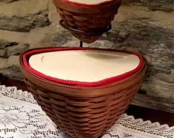 RARE LONGABERGER Triangle Bowl Basket Set Wrought Iron Stand Red Liners Lids Chip and Dip