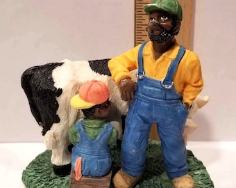 Vintage Traditions of Heart Figurine Farmer Milking Cow 1994 Young&#39;s Inc Resin