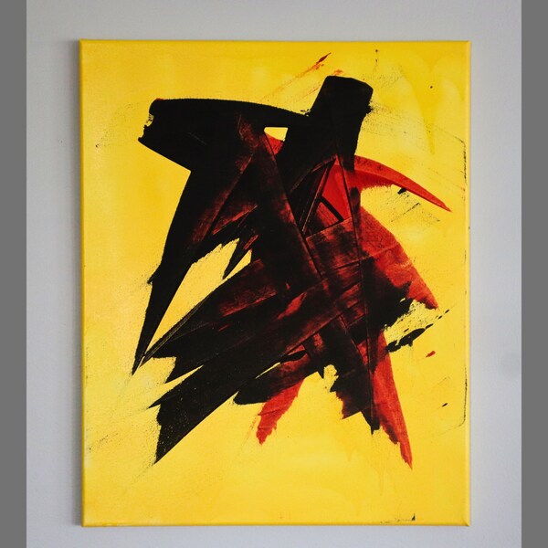 Motifs abstraits sur fond jaune, peinture abstraite sur toile, décoration murale abstraite moderne