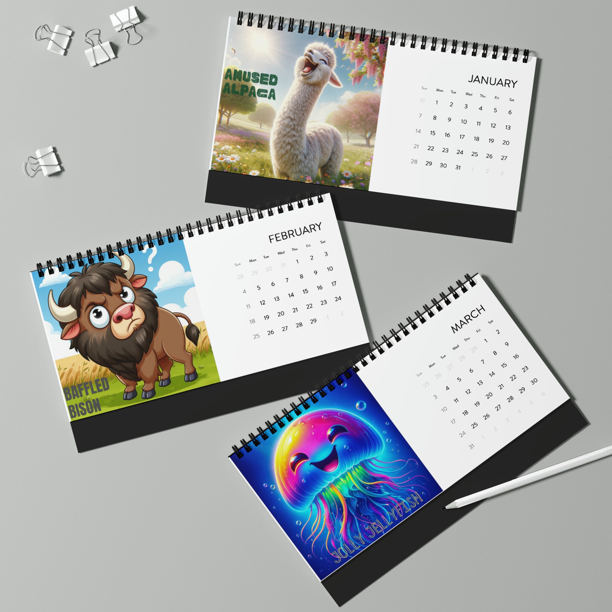 2024 Desktop Calendar, 2024 Animal Emotion Calendar, Cute Animal