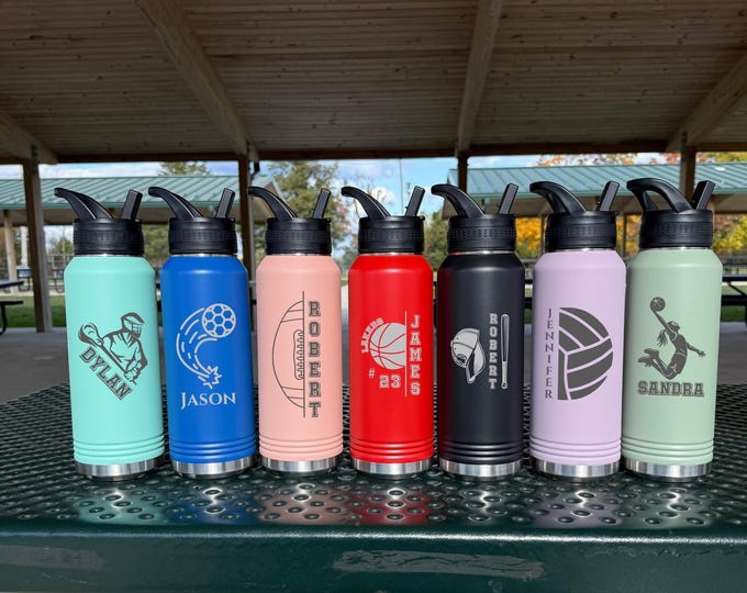 Sport Theme Custom 32 oz Water Bottle, Personalized Name Basketball Football Rugby Tumbler, Baseball Softball Soccer Tennis Team Player Gift