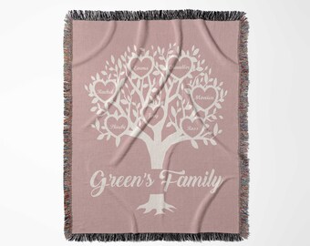 May include: A pink woven throw blanket with a white family tree design. The tree has hearts with names on each branch: Emma, Chandler, Rachel, Joey, Phoebe, Ross, and Monica. The text at the bottom reads "Green's Family".