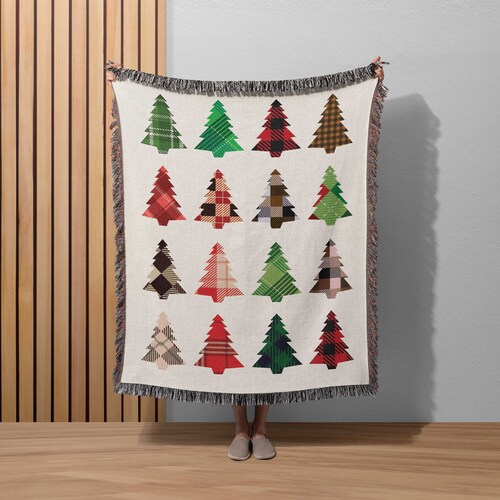Couverture de Noël à carreaux arbres : jeté en coton tissé pour décoration hivernale, cadeau pour lui, sa maman et son père, décoration confortable pour les vacances, tartan, Noël à la ferme