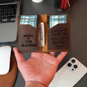 Billetera plegable con bolsillo frontal, regalo para padrinos de boda, billetera minimalista para tarjetas de crédito, tarjetero de cuero, regalo para novios, regalo de aniversario
