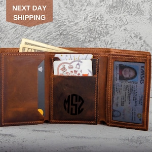 Billetera triple para hombre, regalo de Navidad para él, tarjetero para identificación, billetera de cuero personalizada, regalo personalizado para papá
