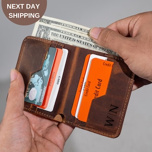 Billetera de cuero vertical, regalo para hombres, billetera plegable de cuero para papá, billetera delgada personalizada, regalo para él, regalo para novio