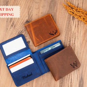 Para papá, billetera de cuero personalizada para hombres, regalo del día del padre, billetera de cuero grabada con tres pliegues, regalos personalizados para él, billetera para padrinos de boda