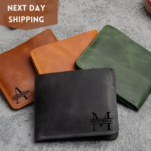 Personalized Mens Leather Wallet, Personalized Gifts for Him, Minimalist Slim Bifold Wallet, Gift for Dad, Christmas Gift