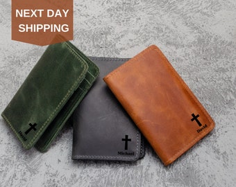 Unique Gift for Christian, Cross Gift for Men, Personalized Leather Wallet, Front Pocket Wallet, Slim Card Holder